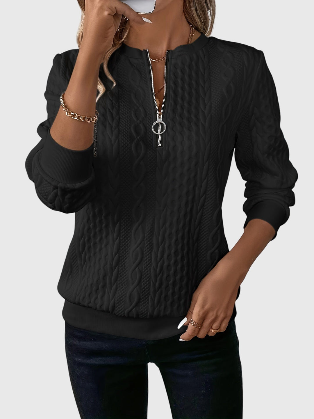 Pink women's cable knit quarter-zip sweater. Cozy Harlow pullover for stylish fall & winter outfits.
