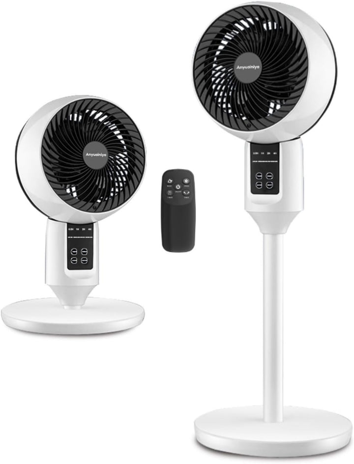 Quiet pedestal fan with remote control, converts to desk fan for optimal home comfort & air circulation.
