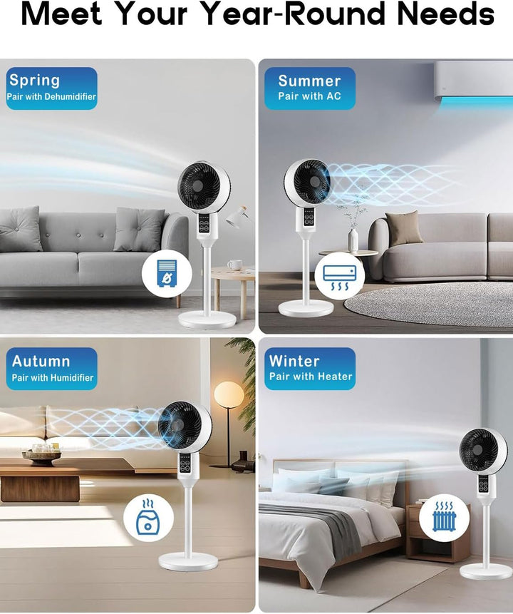 Adjustable height pedestal fan, convertible to a desk fan, with remote control for quiet home cooling.