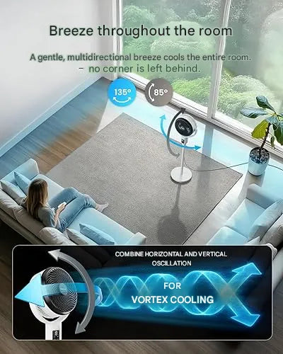 Efficient cooling with a versatile white pedestal and table fan. Features quiet operation & remote control.