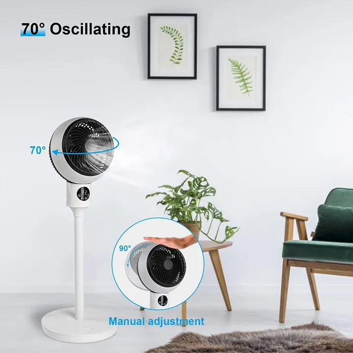 Modern white adjustable height fan. Functions as a quiet pedestal or desk fan for personalized home comfort.