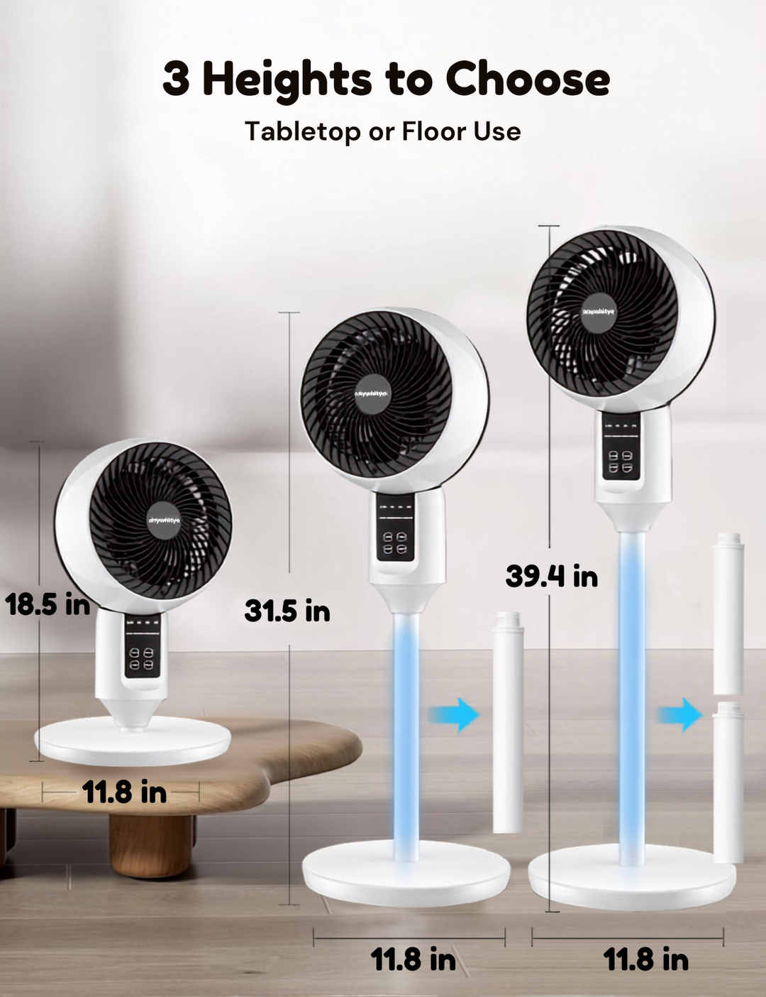 Adaptable white fan: height-adjustable pedestal or compact desk fan. Remote for quiet, effective cooling.