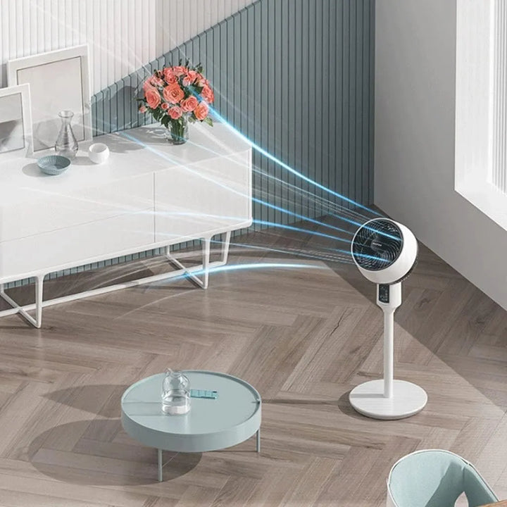 Versatile white fan, height-adjustable, quiet pedestal & desk modes. Remote control for optimal home cooling.