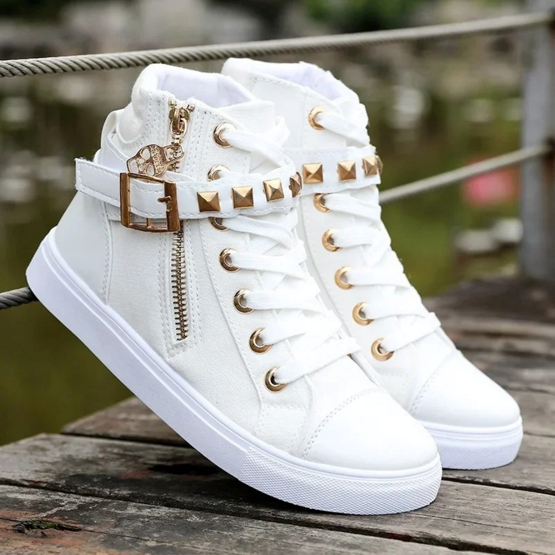 White high-top sneakers for women with practical zipper closure, offering stylish comfort and ankle support.
