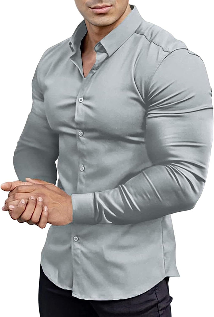 White men's slim fit wrinkle-free dress shirt, front view.