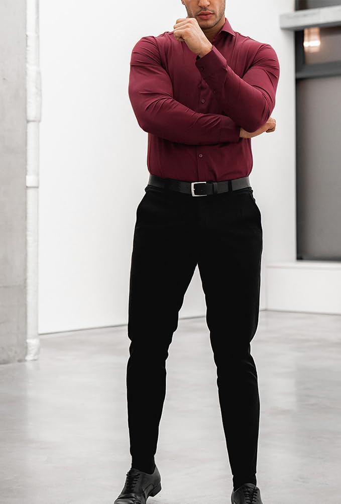 Man in grey slim fit wrinkle-free dress shirt, no tie, casual.