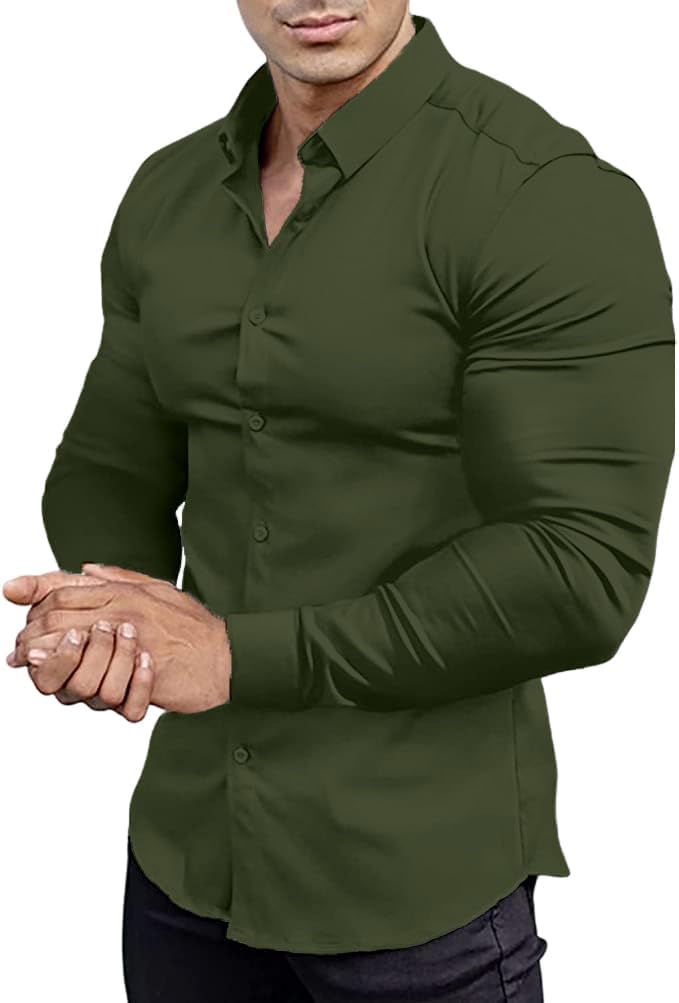 Back view of a black men's slim fit wrinkle-free dress shirt.
