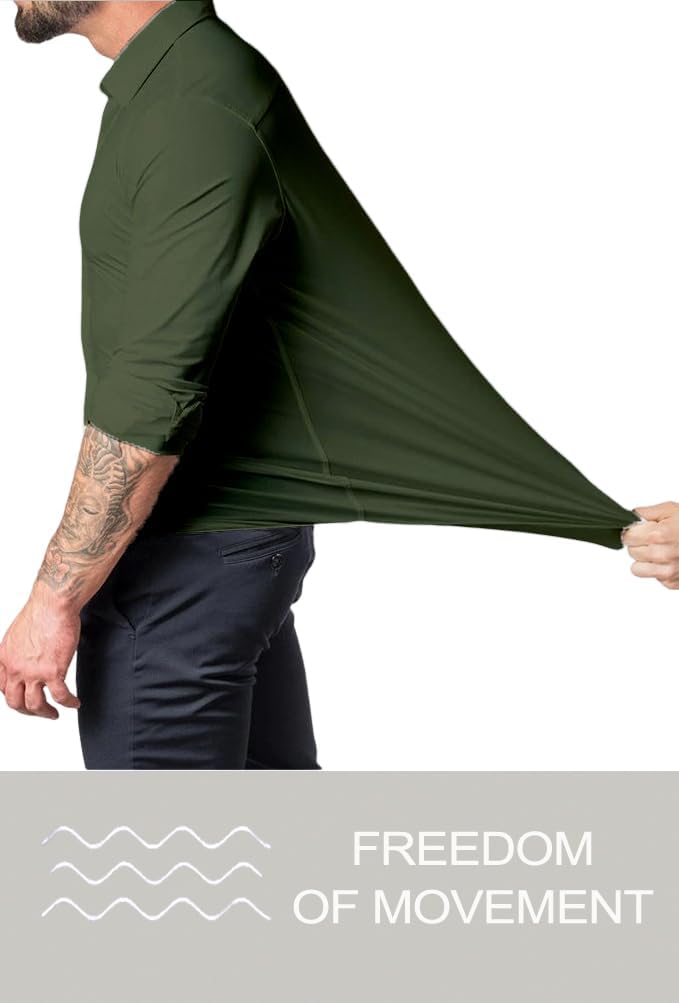 Front view of a blue men's slim fit wrinkle-free dress shirt.