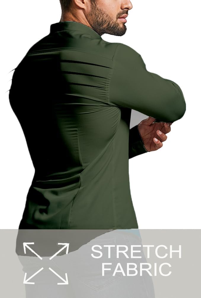 Stack of colorful men's slim fit wrinkle-free dress shirts.