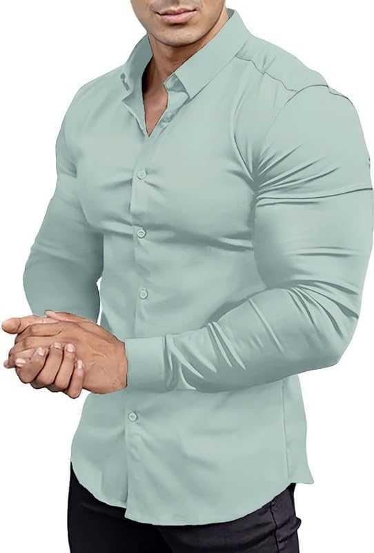 Button-up detail on a men's slim fit wrinkle-free white shirt.