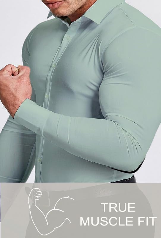 White men's wrinkle-free slim fit dress shirt on a hanger.