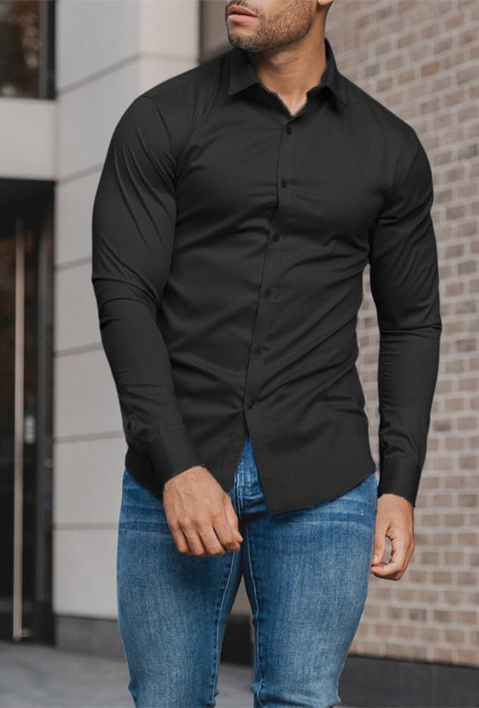 Comfortable men's slim fit wrinkle-free dress shirt for daily wear.
