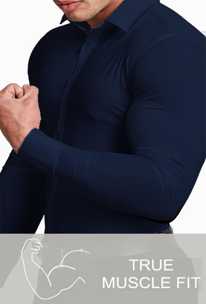 Man wearing black slim fit wrinkle-free dress shirt & trousers.
