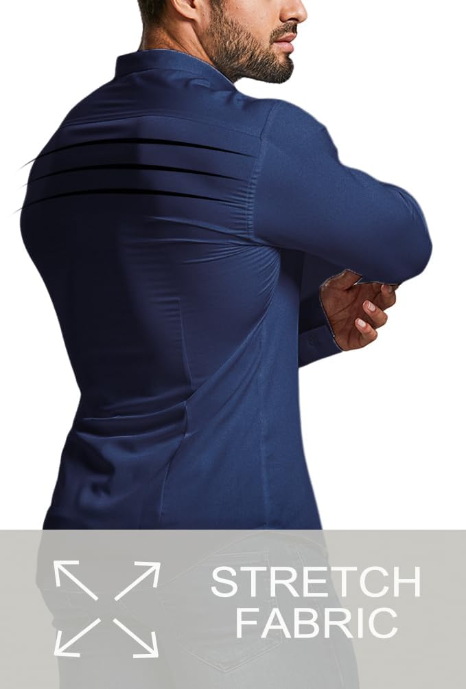 Side view of a man in a white slim fit wrinkle-free dress shirt.