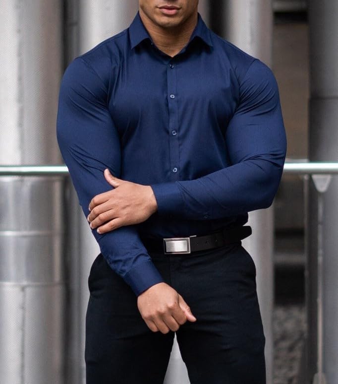 Men's slim fit dress shirt, wrinkle-free for formal events.