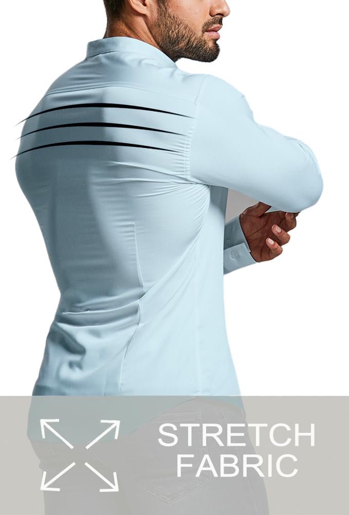 White men's slim fit wrinkle-free dress shirt, studio shot.