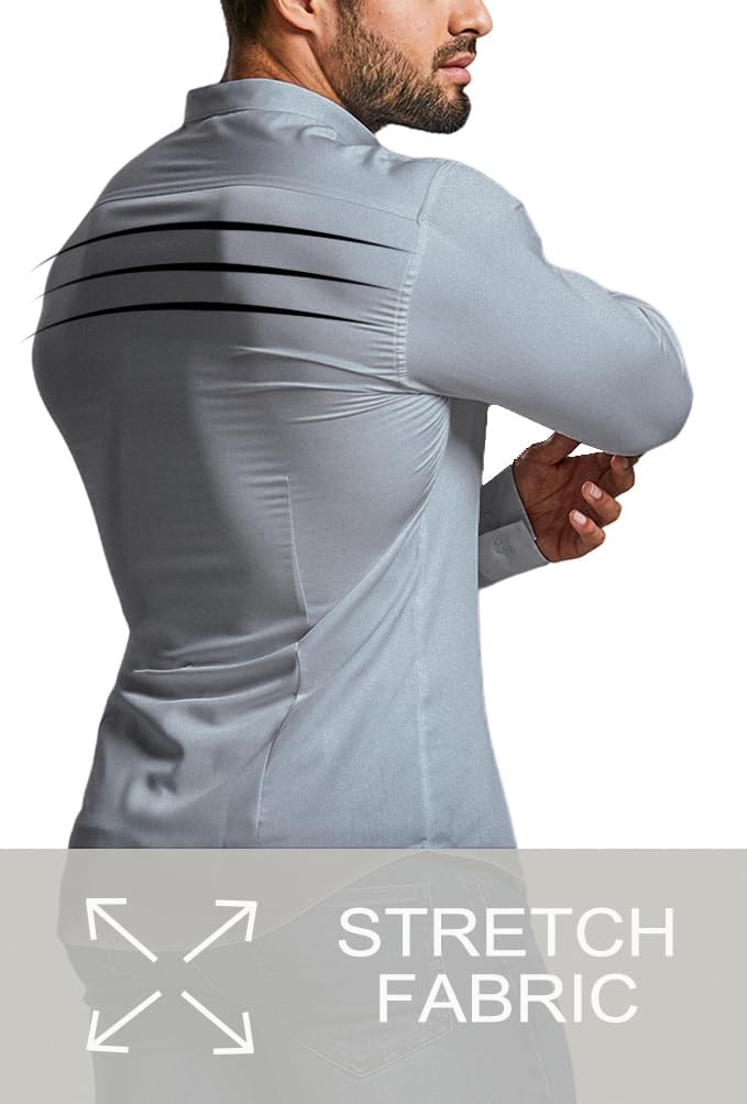 Grey men's dress shirt, slim fit & wrinkle-free, casual look.
