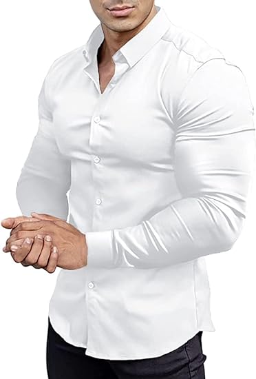 Front placket detail of a men's slim fit wrinkle-free shirt.