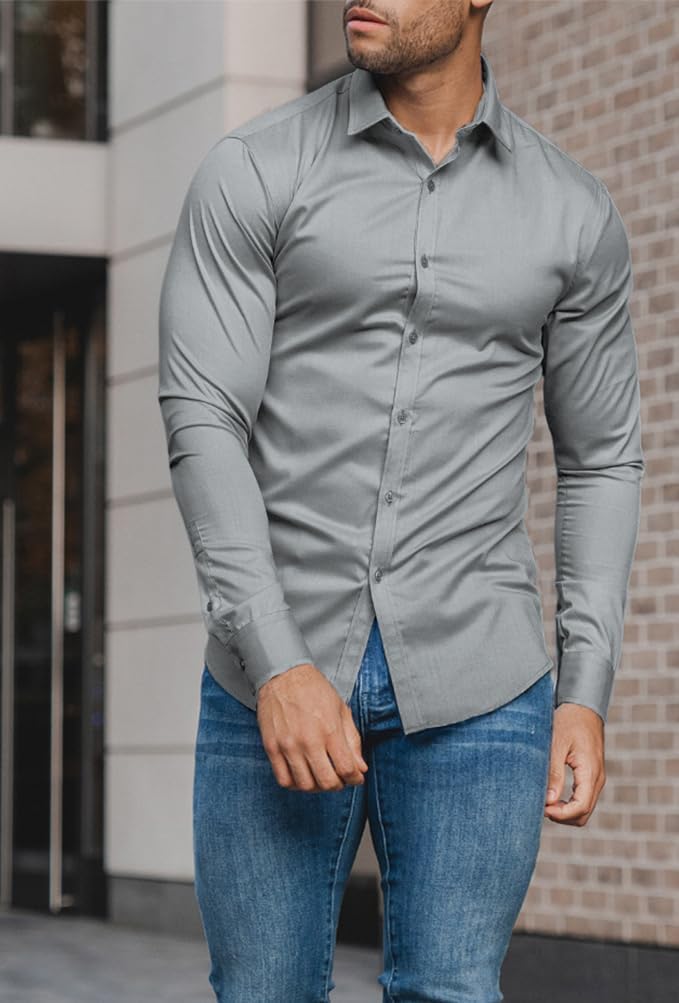 Formal men's slim fit button-up shirt, all-day freshness.