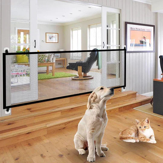 White mesh pet safety gate for door or stair opening, no-drill installation, for dogs and cats