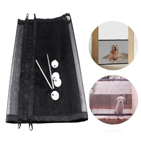 Adjustable mesh pet gate keeping dogs and cats safe in home, easy to install and remove