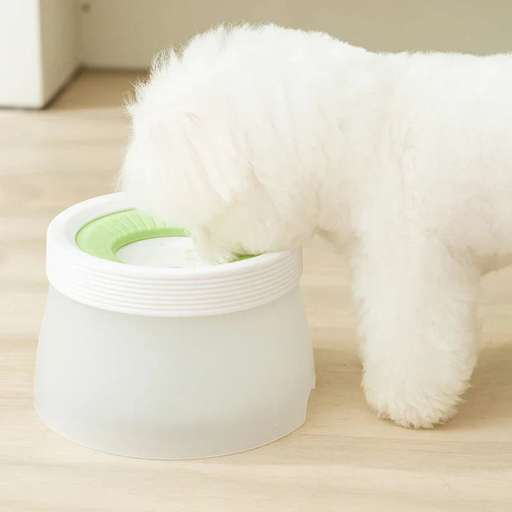 White no-spill pet water bowl, ideal for home and travel, ensuring mess-free hydration for dogs.