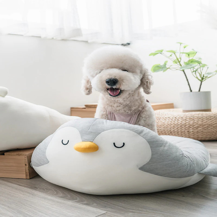 Small dog cooling bed, white pet kennel with cute penguin design for summer comfort by Noko Pets