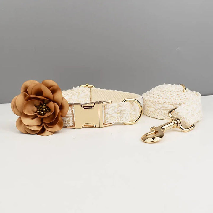 White personalized dog collar and leash set with engraved ID tag; durable pet gear for dog safety.