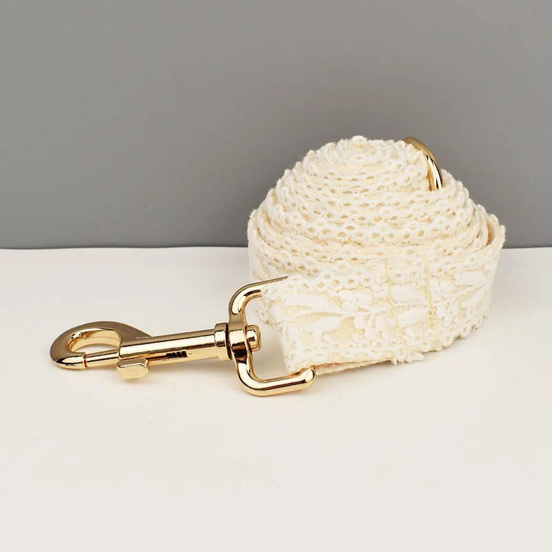 Engraved ID tag on a white personalized dog collar and leash set for stylish and safe pet accessories.