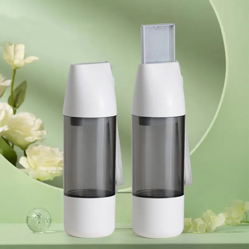 Portable white dog water dispenser, essential pet travel supply with leak-proof design for walks