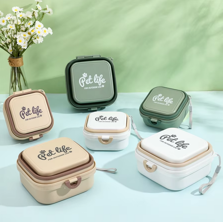 Close-up of flexible silicone pet supply box, ideal for travel and organizing pet essentials