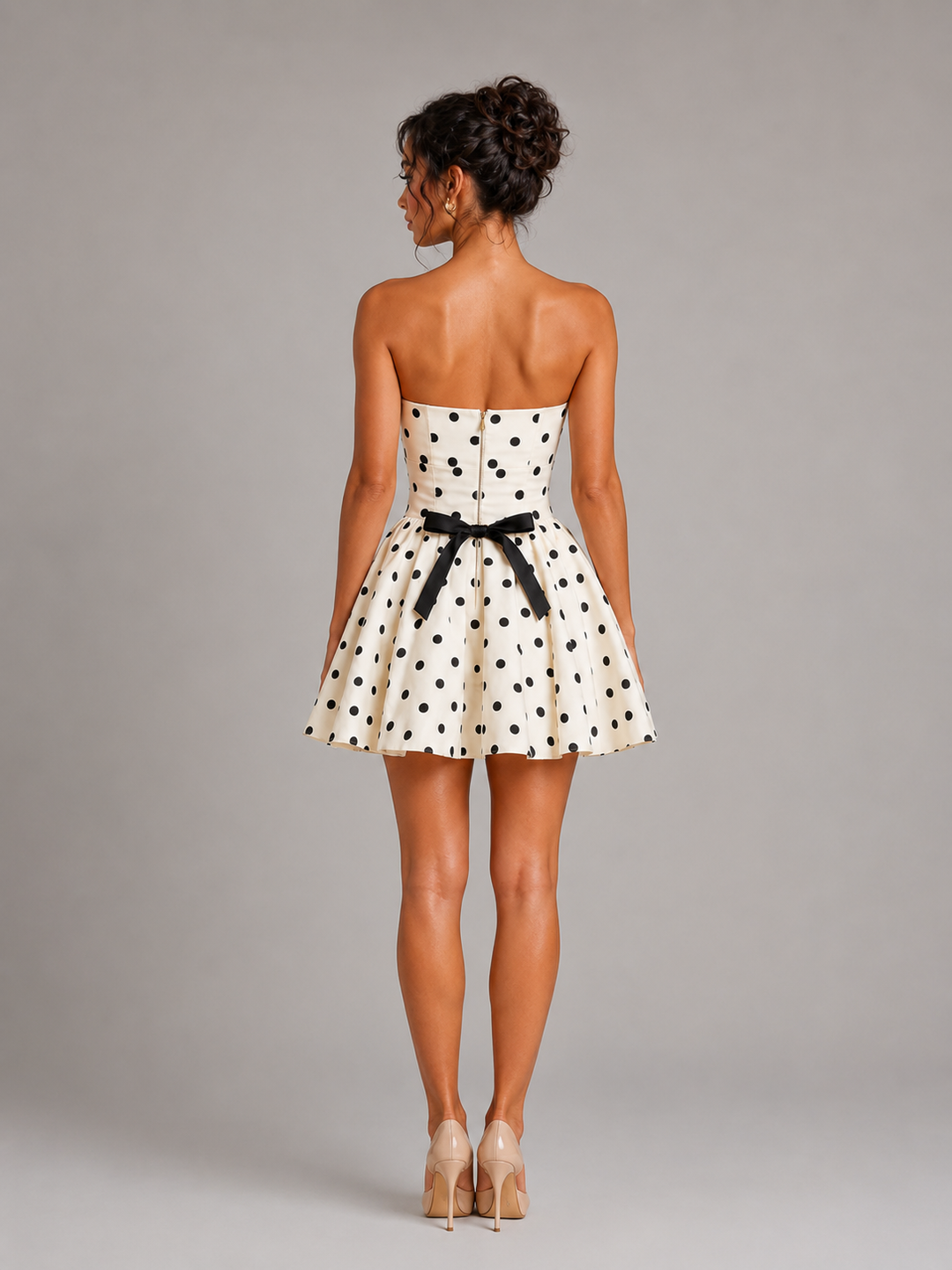 Women's retro white polka dot skater dress, strapless corset top, ideal for special occasions.