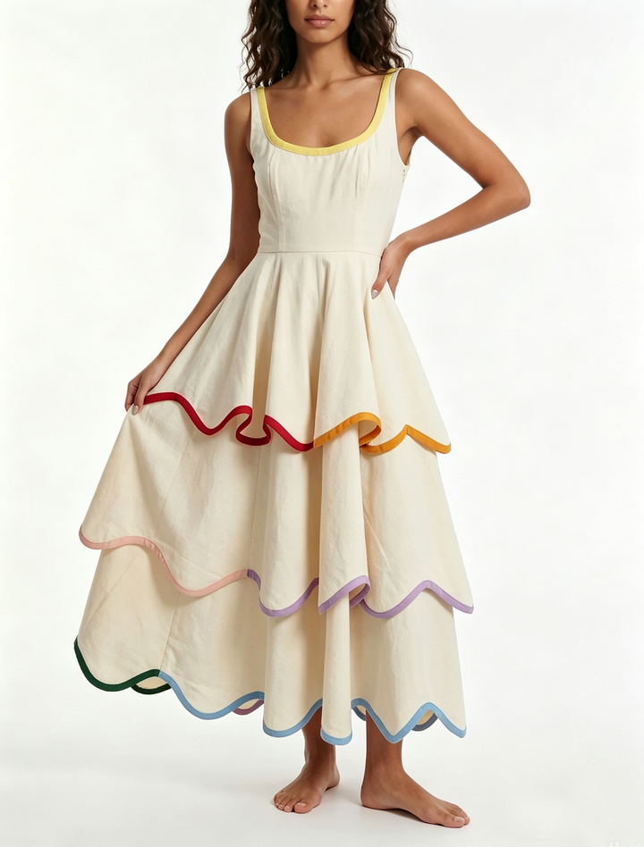 White tiered maxi dress for women, sleeveless, with vibrant rainbow trim. Perfect for summer beach boho style.