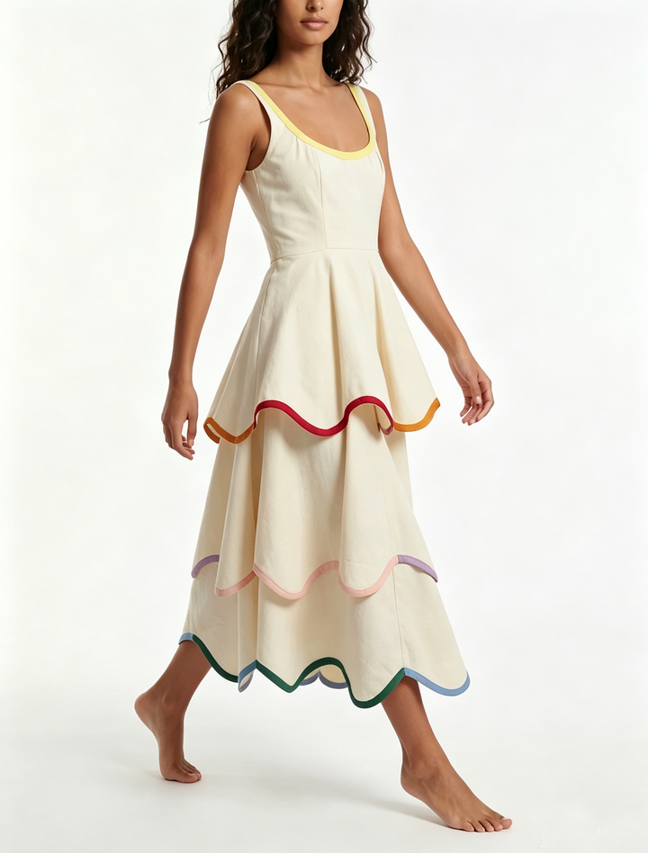 Effortless white tiered maxi dress with rainbow trim, ideal for casual summer parties, festivals or a beach day.