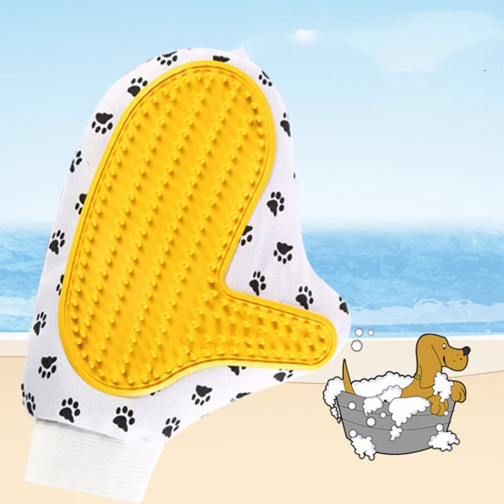 Close-up of flexible white pet grooming massage glove with silicone bristles for dogs and cats