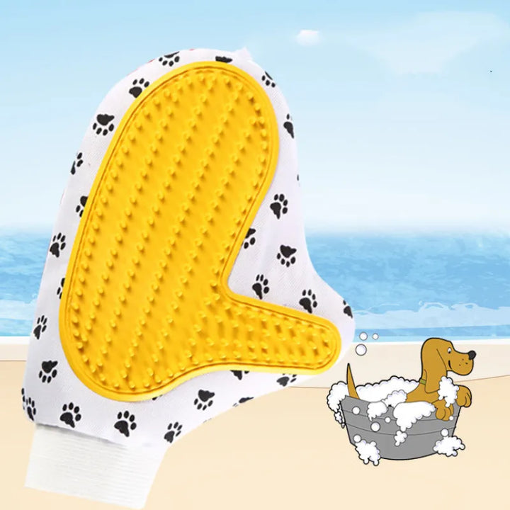 Hand wearing a white pet grooming glove gently brushing a dog's fur, removing loose hair