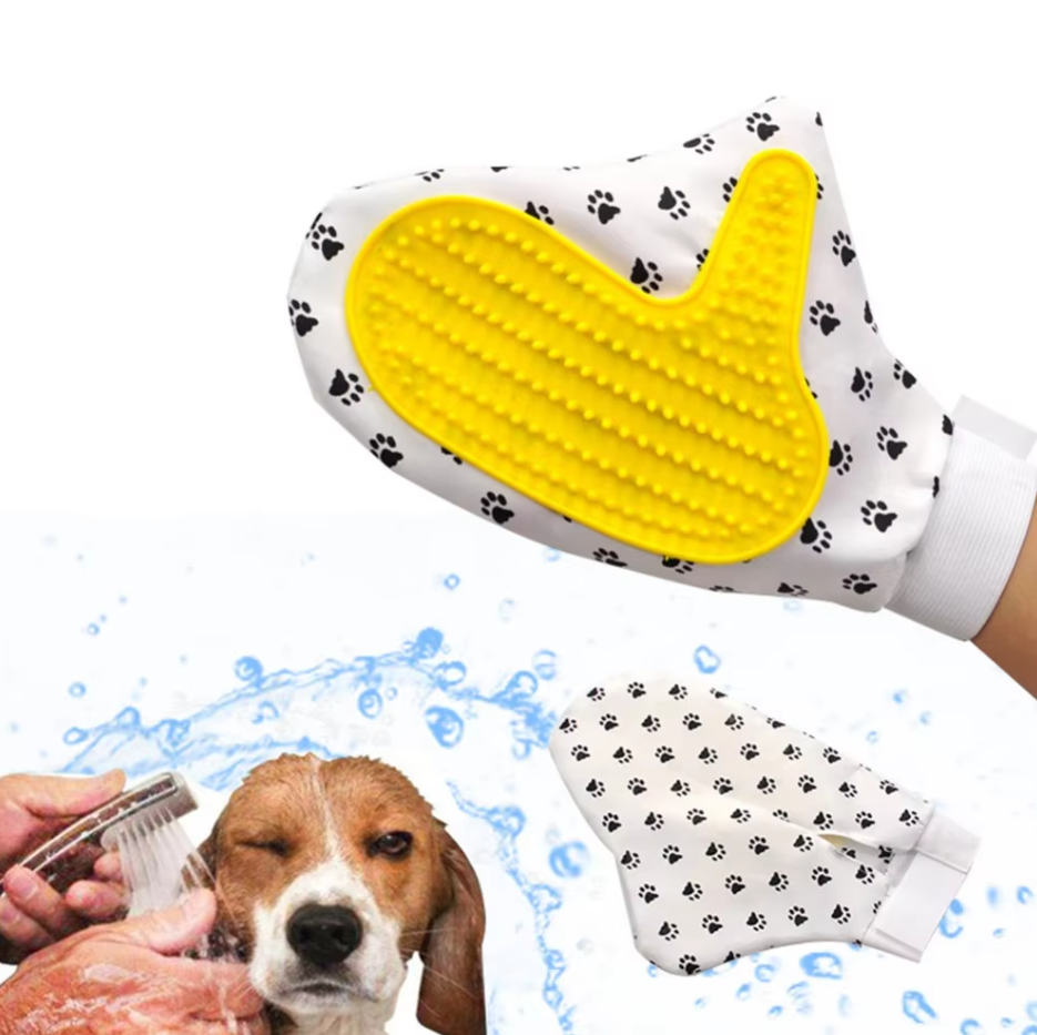 White grooming glove for pets, showing soft bristles perfect for dog and cat fur massage