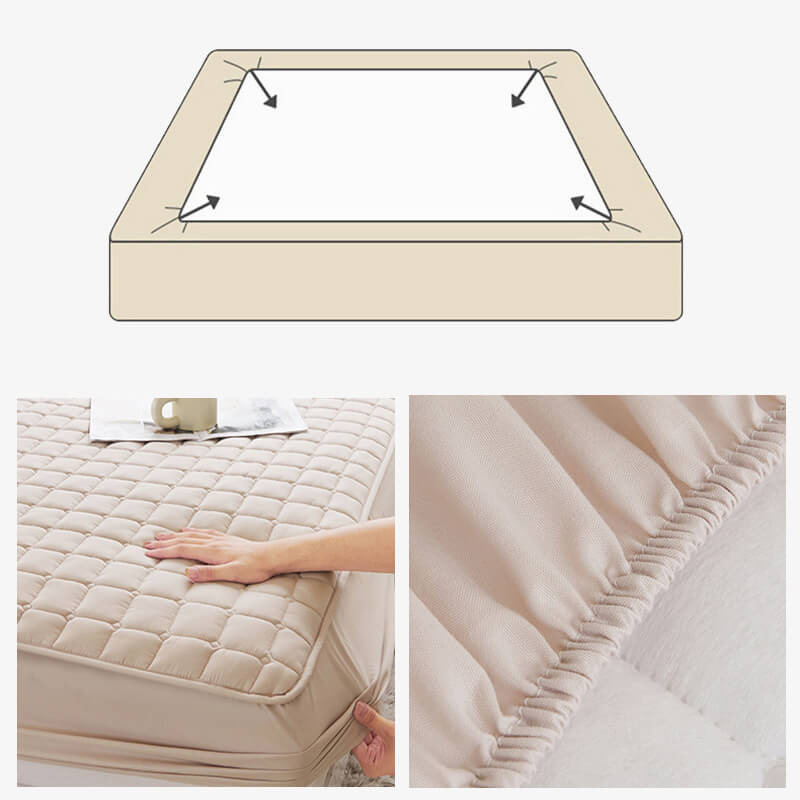 Waterproof mattress protector in a bedroom setting, promoting sleep comfort and mattress longevity.