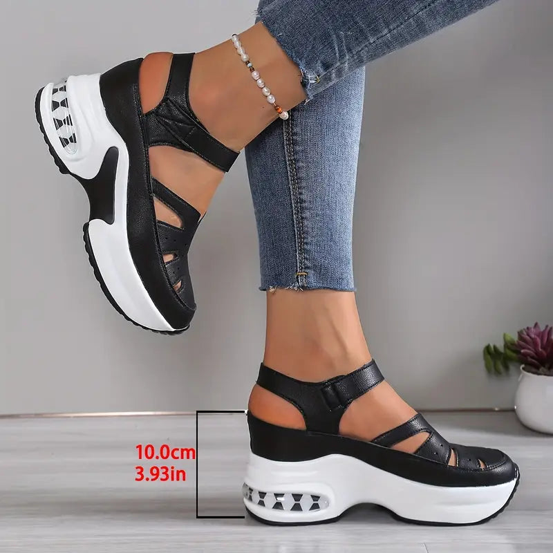 Breathable black platform wedge sandals for women, featuring a stylish cutout design for comfortable summer walks.
