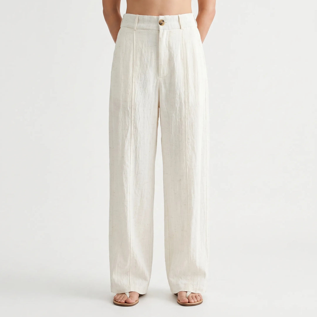 Relaxed fit wide-leg summer pants for women, mid-rise & flowy. Versatile for casual comfort or elegant resort wear.