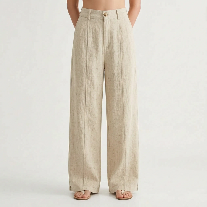 Breezy wide-leg women's summer pants in white or beige. Comfortable, full-length, ideal for effortless casual & elegant style.