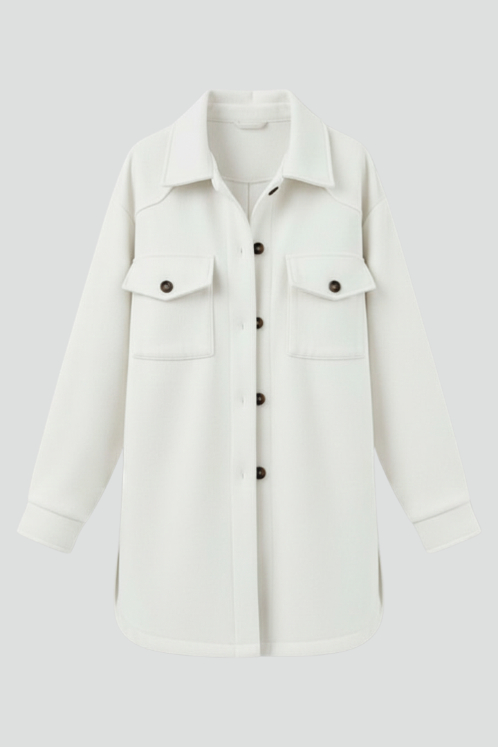 White women's button-front shirt jacket, straight fit & long sleeve, versatile casual outerwear.