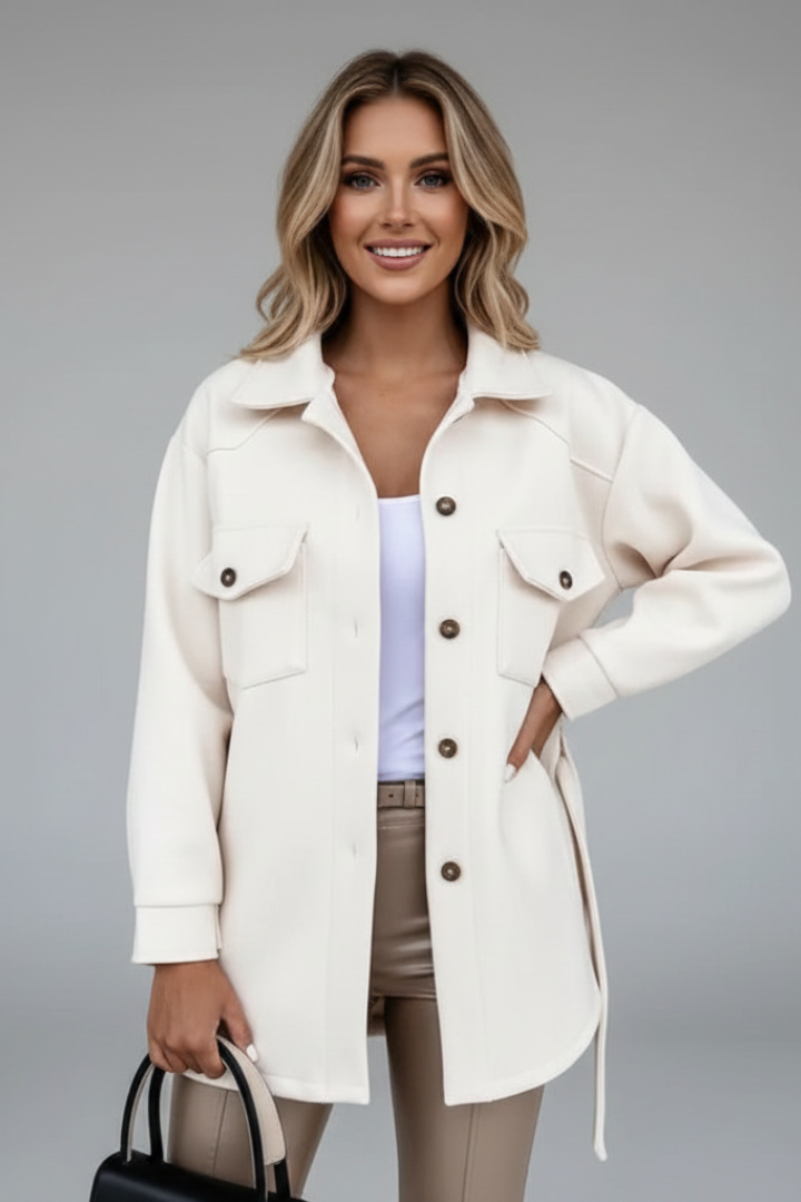 Black fashion women's shirt jacket, button-front design, collared & straight fit for layering.