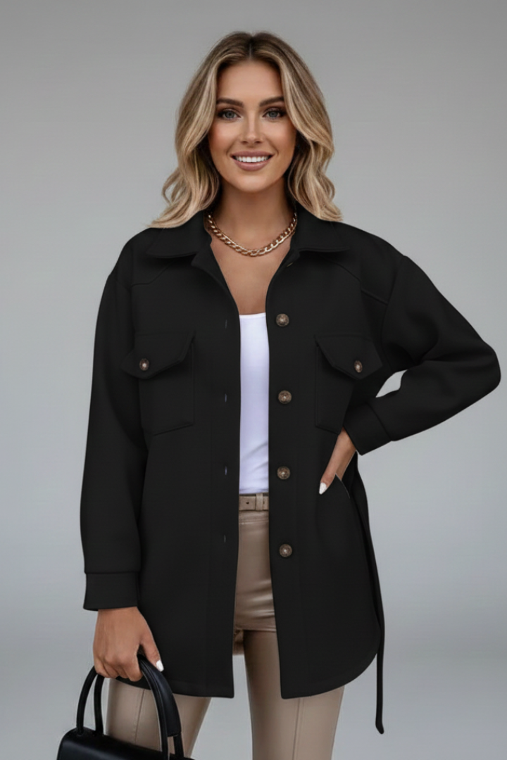 White long-sleeve women's button-front shirt jacket, straight fit, a must-have layering piece.