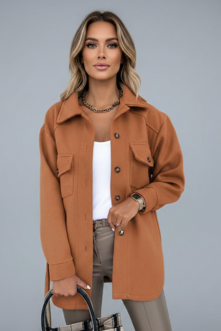 Khaki women's button-front shirt jacket, long-sleeve, straight fit, casual outerwear for women.