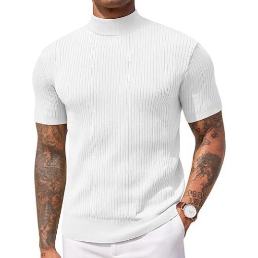 Ribbed men's short sleeve mock neck shirt. Tailored for a modern, smart casual look & everyday comfort.