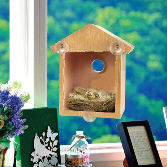 Window mounted birdhouse with strong suction cups for bird watching, a unique garden decor