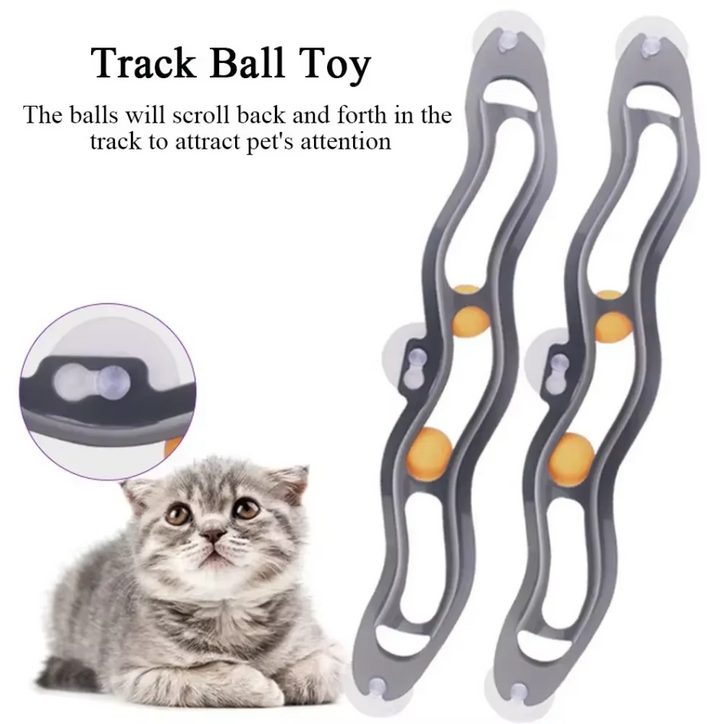 Window mounted cat ball track toy with multiple levels and colorful balls for feline playtime