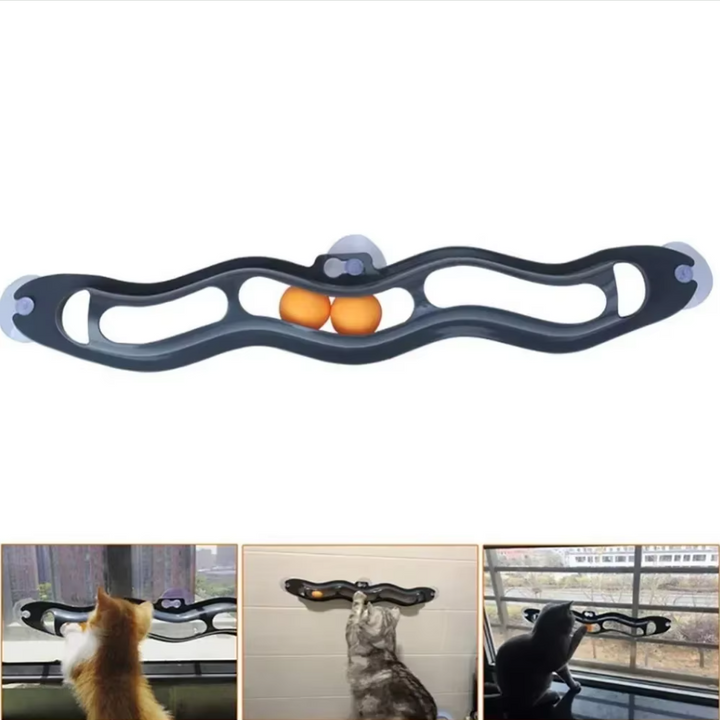 Brightly colored ball track cat toy, window mounted for felines, encourages mental stimulation