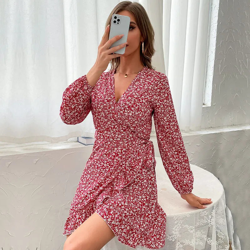Women's autumn wine red mini dress with a flattering V-neck, elegant wrap design, and delicate ruffles.